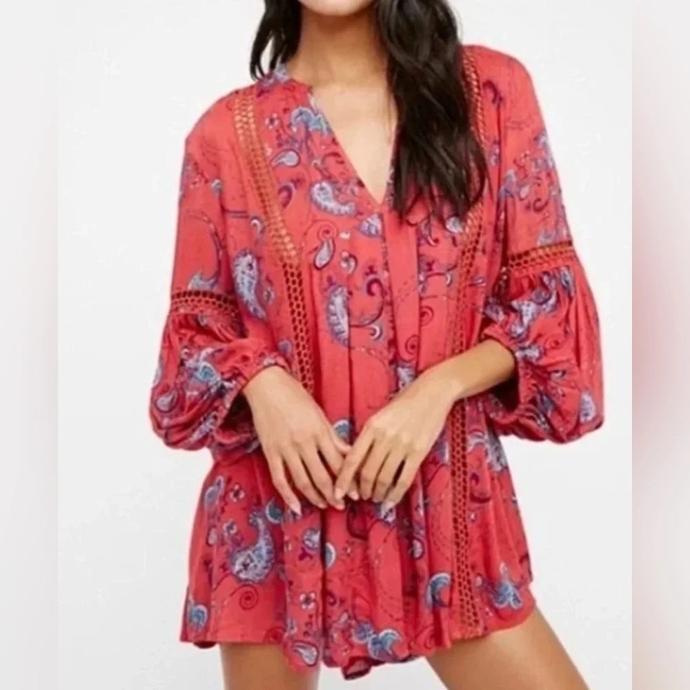 Free People Womens Just the Two of Us Balloon Sleeve Tunic Top Mini Dress Small - Picture 1 of 12